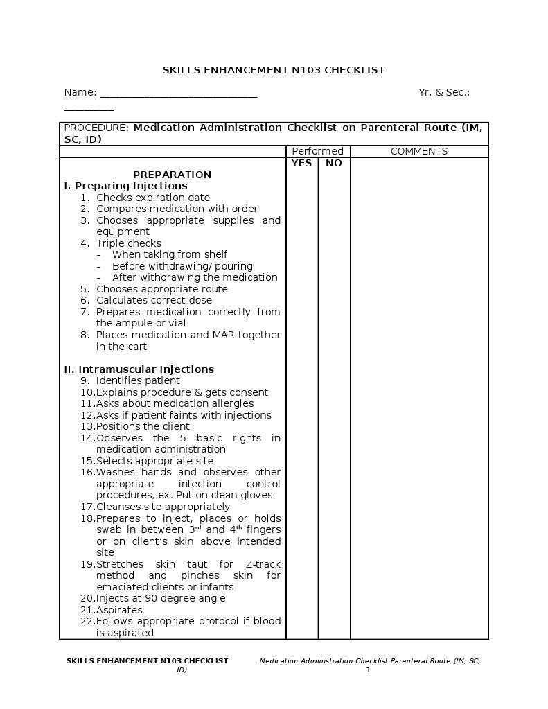 Parenteral Medication Administration Checklist | PDF | Injection ...