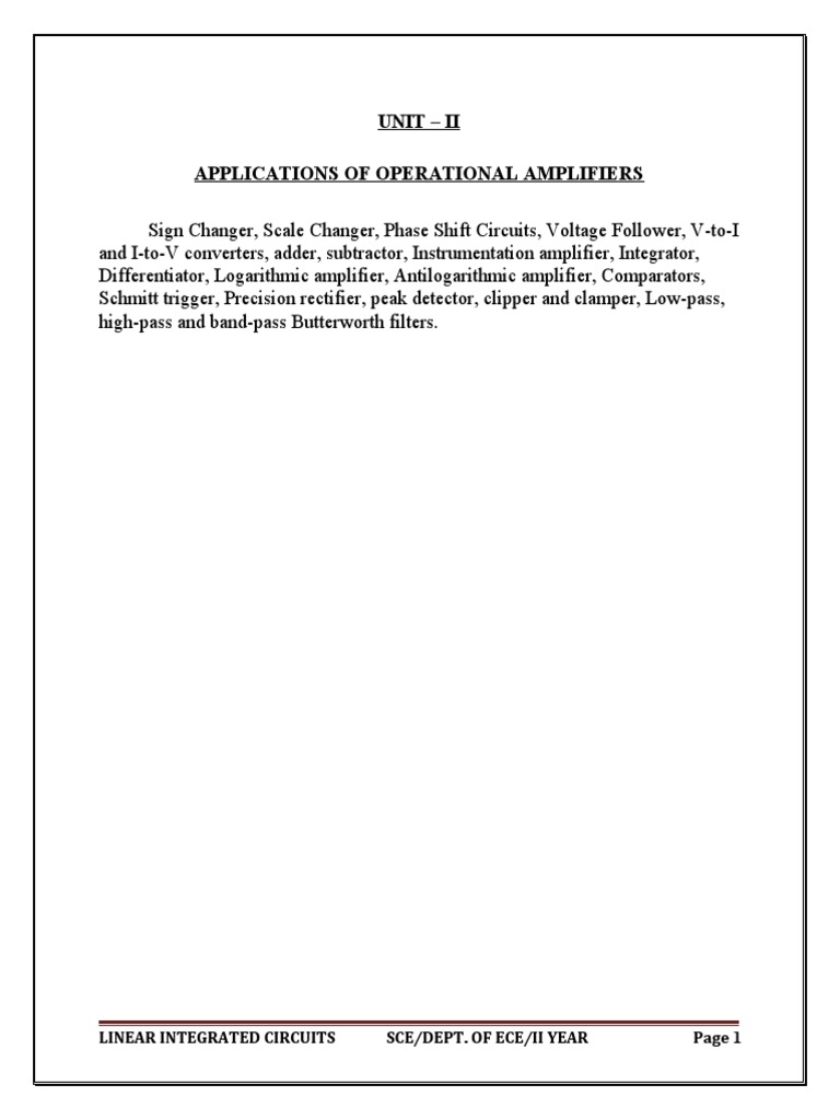 Unit Ii Applications of Operational Amplifiers PDF Operational Amplifier Amplifier