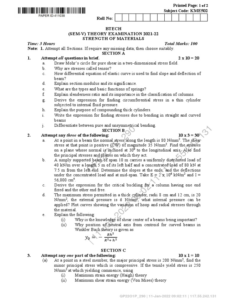 Strength of Materials Exam Paper | PDF | Bending | Stress (Mechanics)