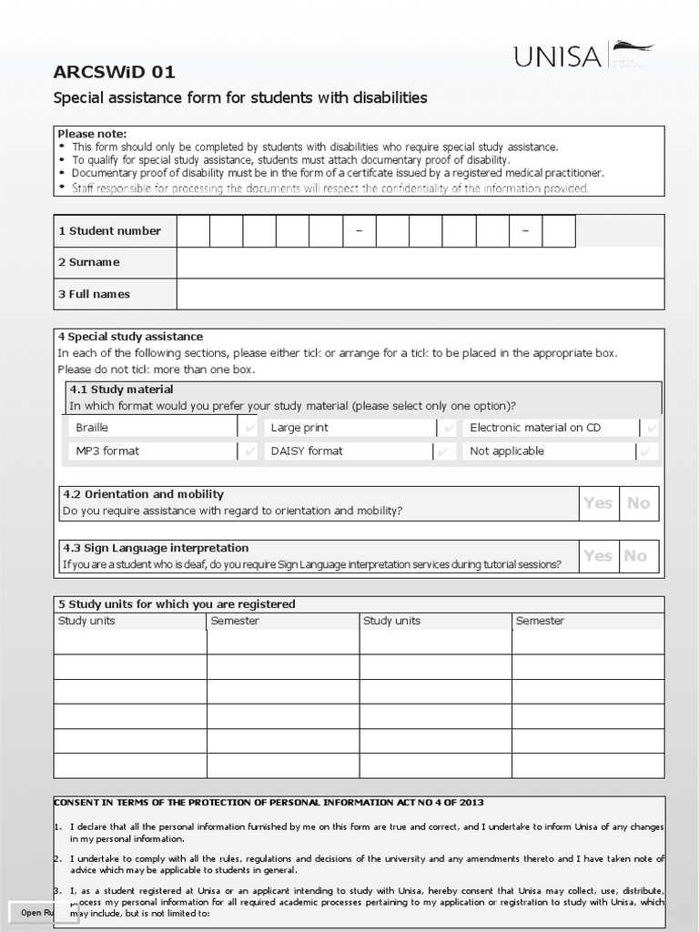 ARCSWiD01 Special Assistance Form Students Disabilities PDF Justice
