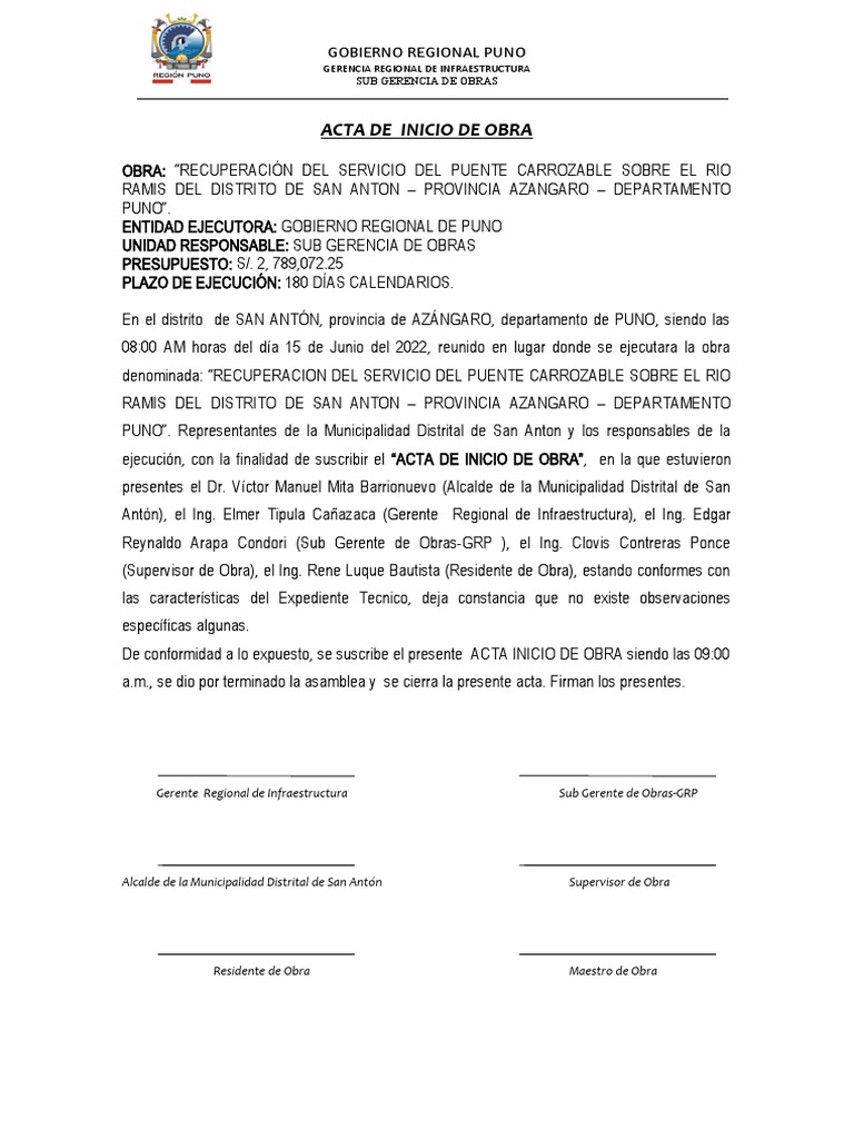 Acta de Inicio de Obra | PDF