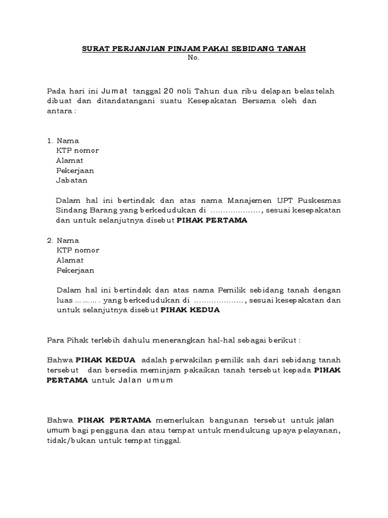 Surat Perjanjian Pinjam Pakai Sebidang Tanah Pdf