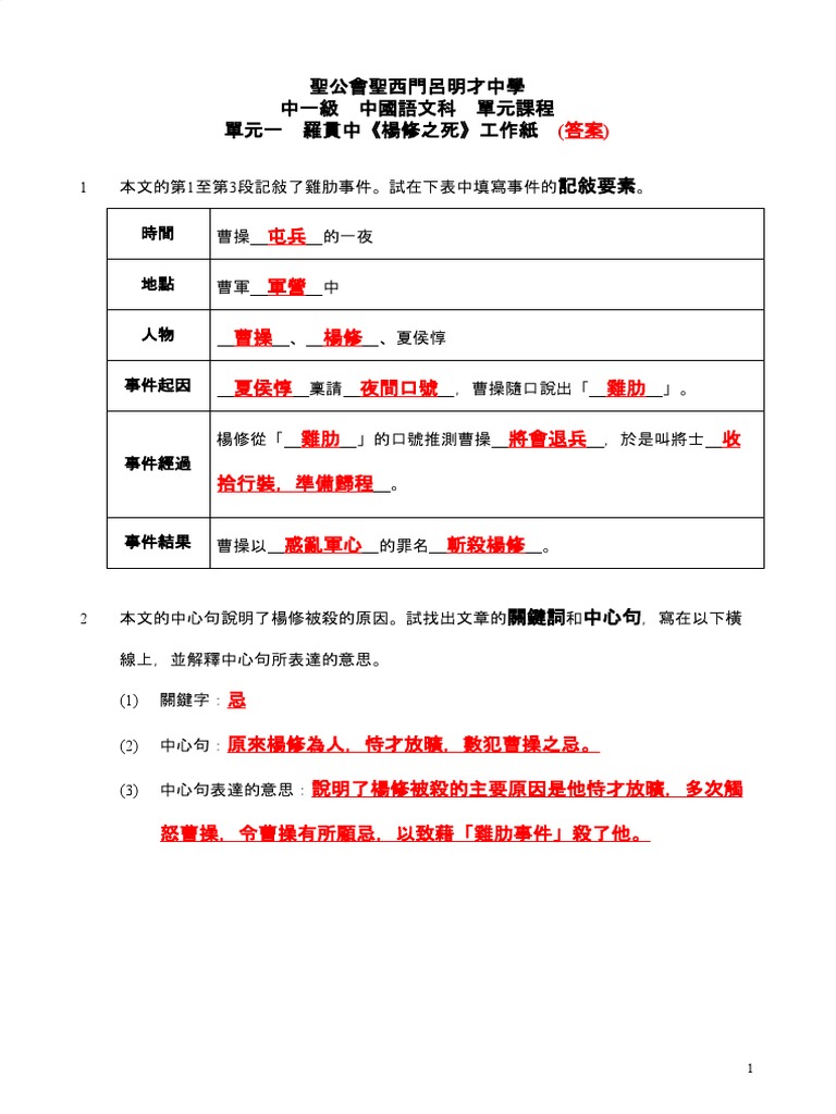 羅貫中《楊修之死》工作紙答案| PDF