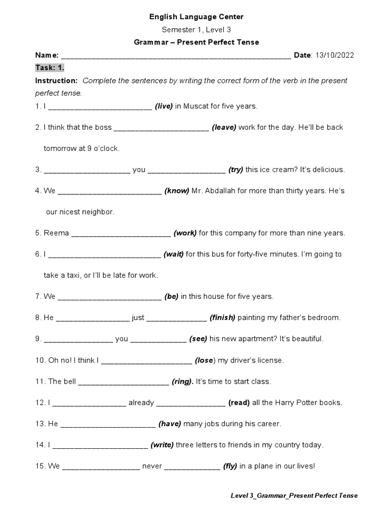 Grammar - Present Perfect Tense | PDF | Perfect (Grammar) | Grammatical ...