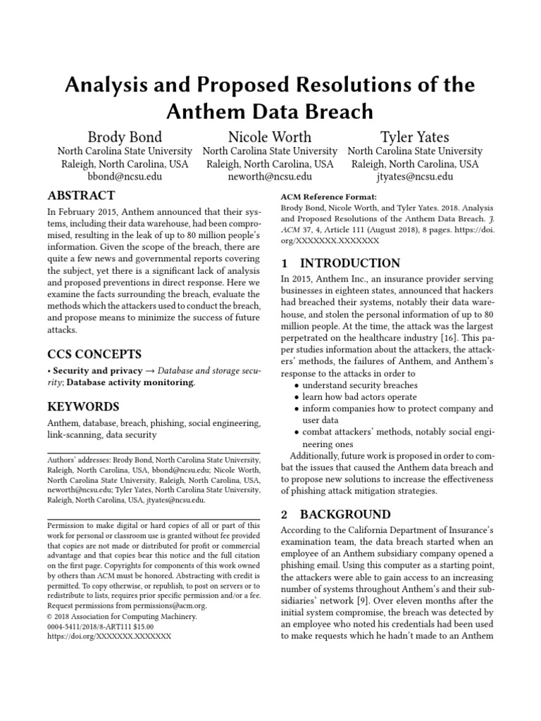 CSC 433 Project The Anthem Data Breach PDF Phishing Security