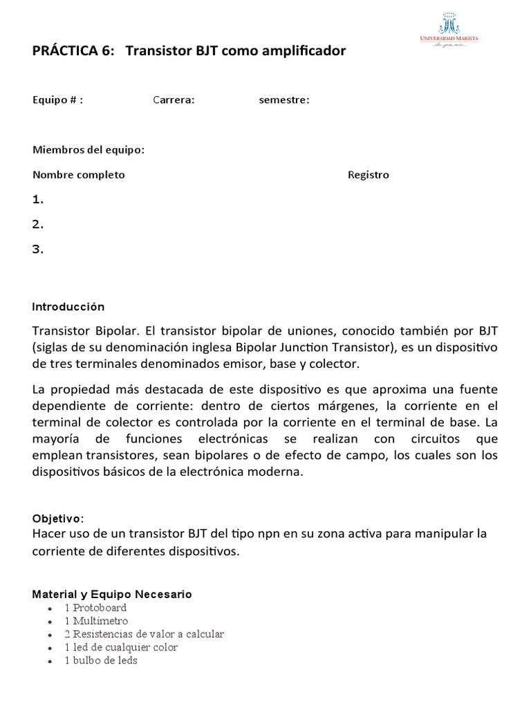 PRÁCTICA 5 Transistor BJT Como Amplificador (Zona Lineal o Activa