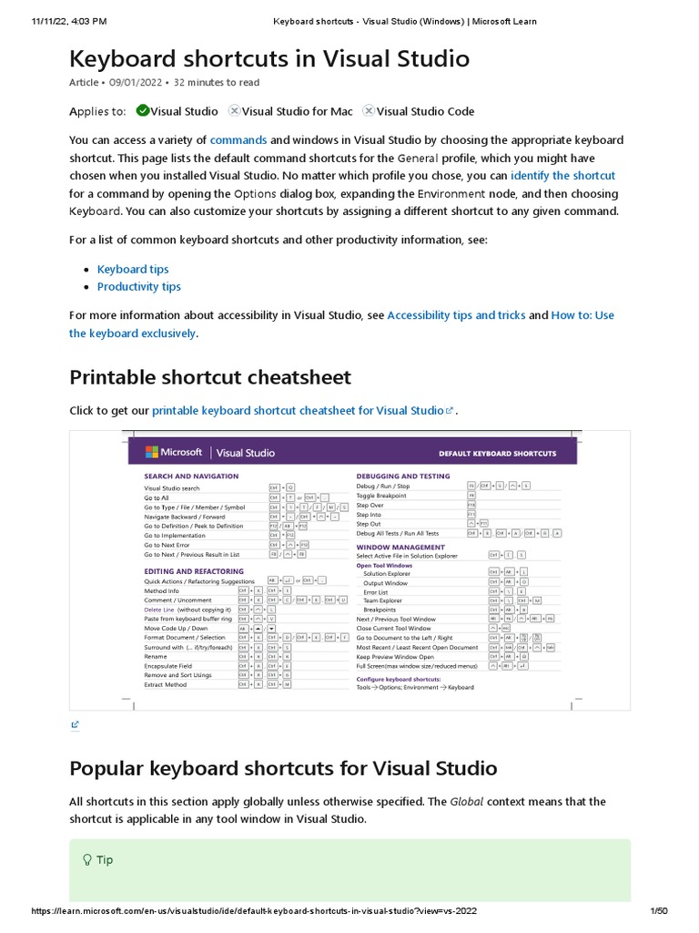 2keyboard Shortcuts - Visual Studio (Windows) - Microsoft Learn | PDF
