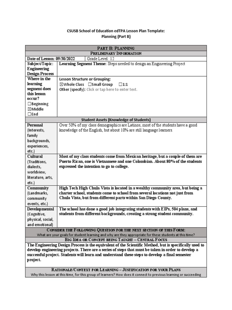 edTPA Engineering Lesson Plan Template | PDF | Educational Assessment ...