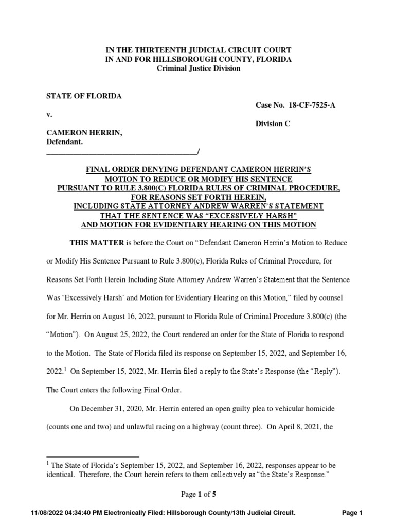 Cameron Herrin Motion To Reduce Sentence Ruling PDF Sentence (Law