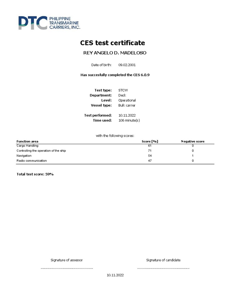 CES 6.0.9 Test Certificate Summary | PDF