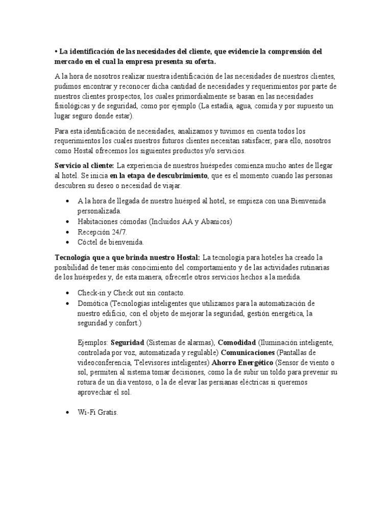 Punto 1 - Identificacion de Las Necesidades de Los Clientes Hostal ...