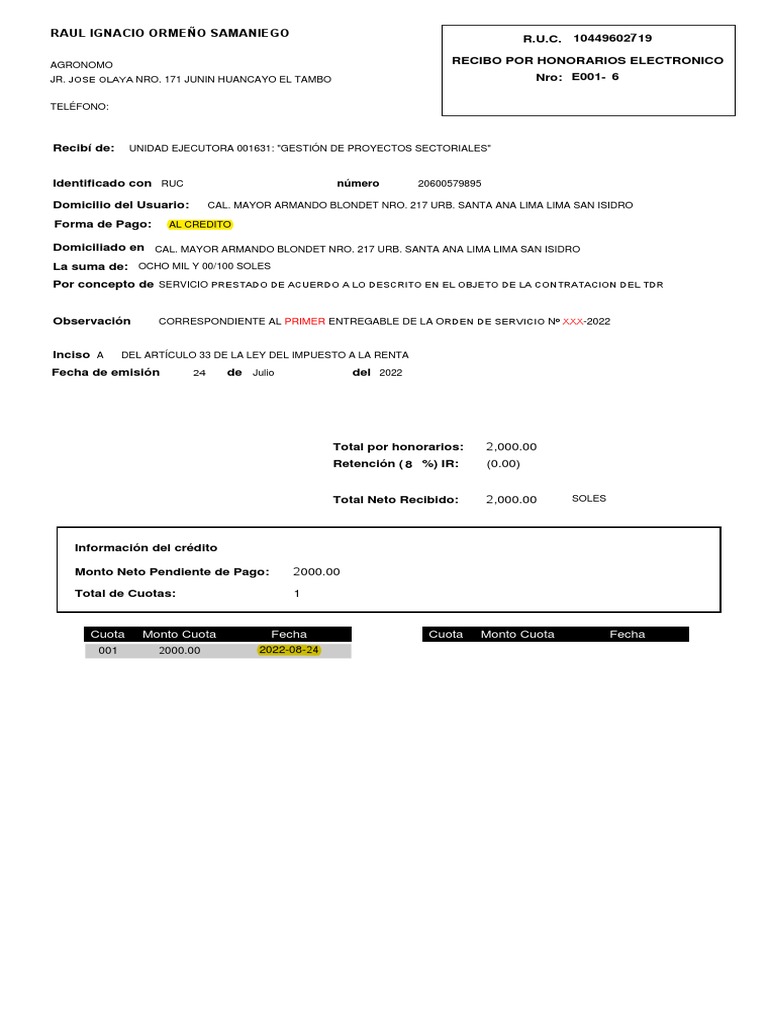 Modelo Recibo Honorarios | PDF