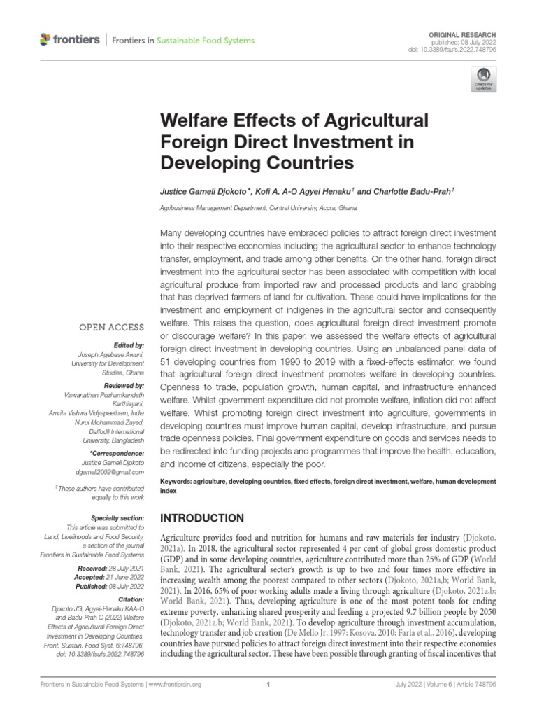 Welfare Effects of Agricultural Foreign Direct Investment in Developing ...