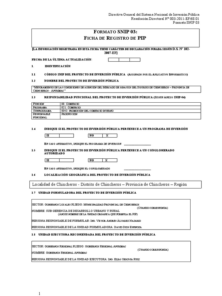 Formato SNIP03 Fichade Registrode PIP | PDF | Mercado (economía) | Precios