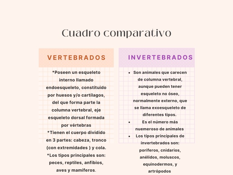 Cuadro Comparativo Animales Vertebrados e Invertebrados | PDF