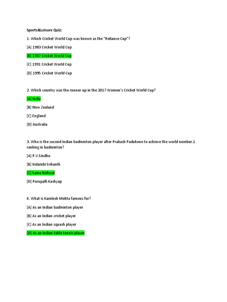 Sports and Leisure Quiz PDF Sports Cricket