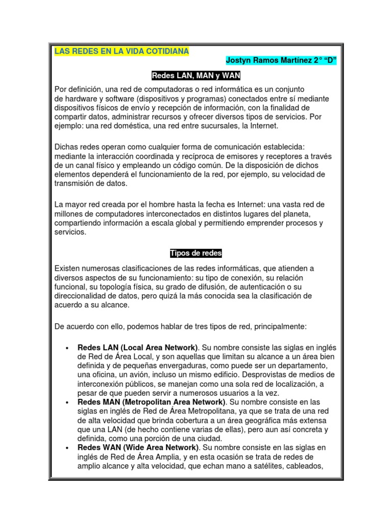 Redes LAN, MAN y WAN en la Cotidianidad | PDF | Red de computadoras ...