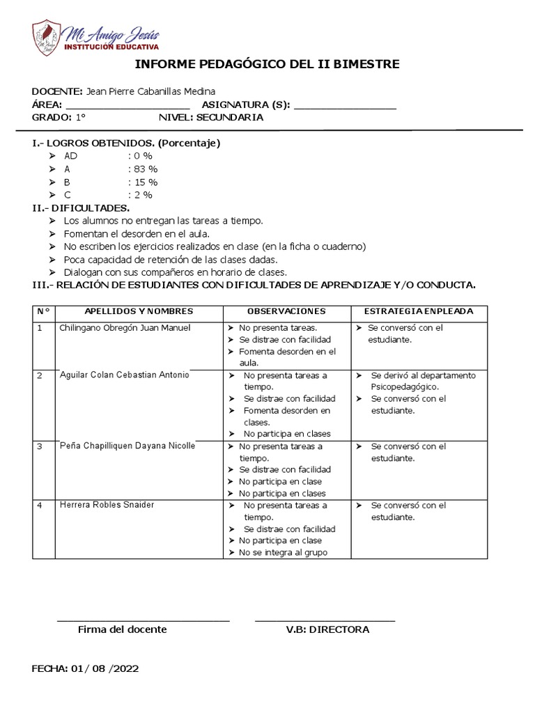 Informe Pedagógico II Bimestre 2022 | PDF | Teoría de la educación ...