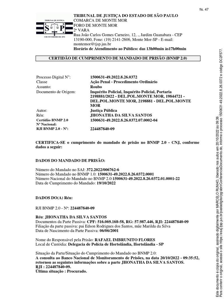 Certidão de Cumprimento de Mandado Expedida (BNMP 2.0) | PDF | Direito ...