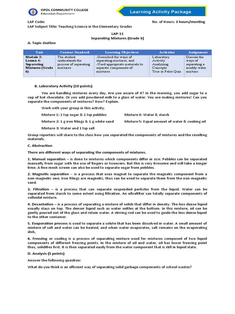 Methods for Separating Mixtures in Grade 6 | PDF | Filtration | Mixture