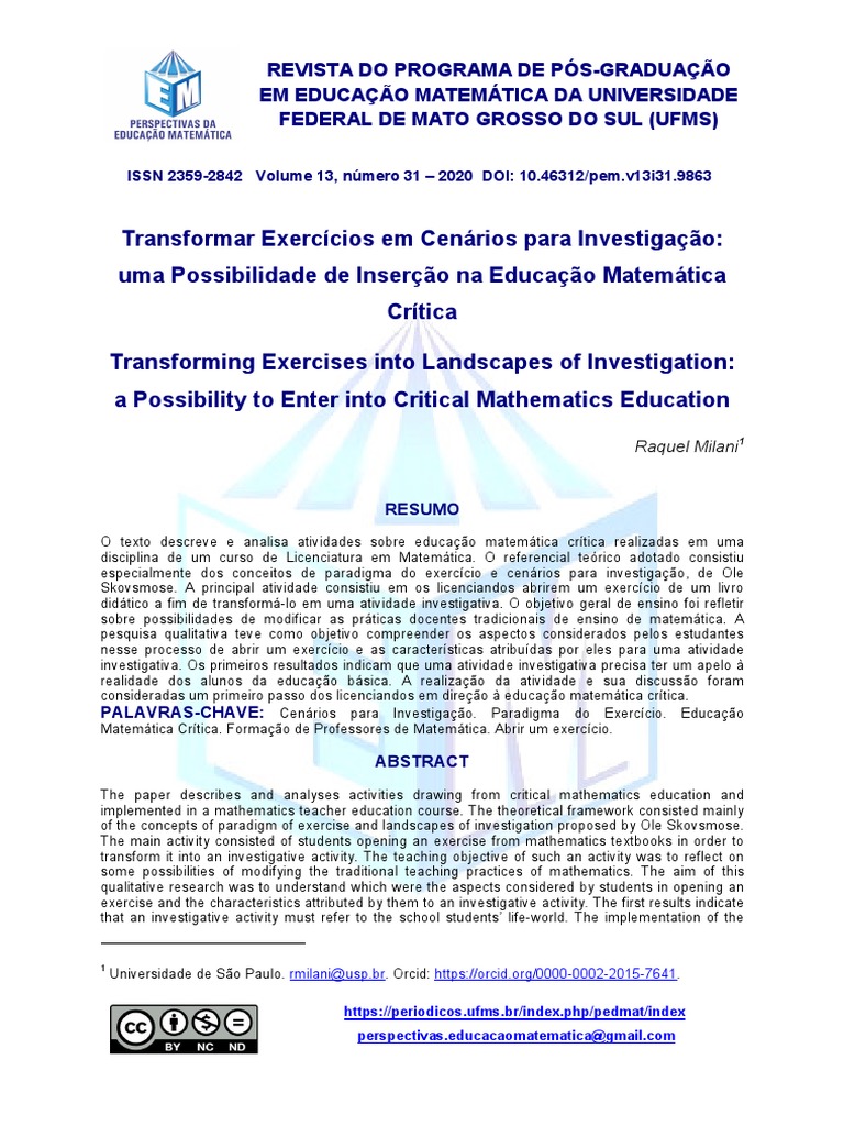 Cenários de Investigação na Educação Matemática | PDF | Aprendizado ...