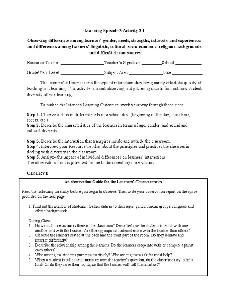 Observing Learner Diversity in Classrooms | PDF | Learning | Special ...