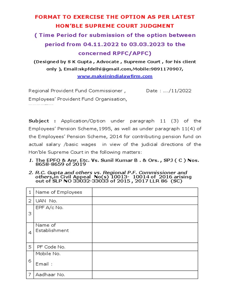 Option Form For Pension