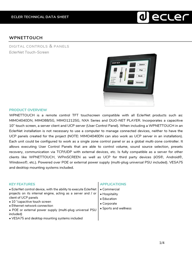 Ecler WPNETTOUCH Data Sheet | PDF | Touchscreen | Server (Computing)