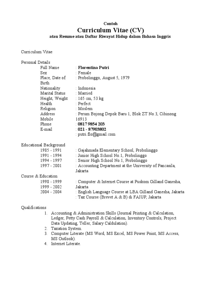 Contoh CV Bahasa Inggris | PDF | Economies | Business