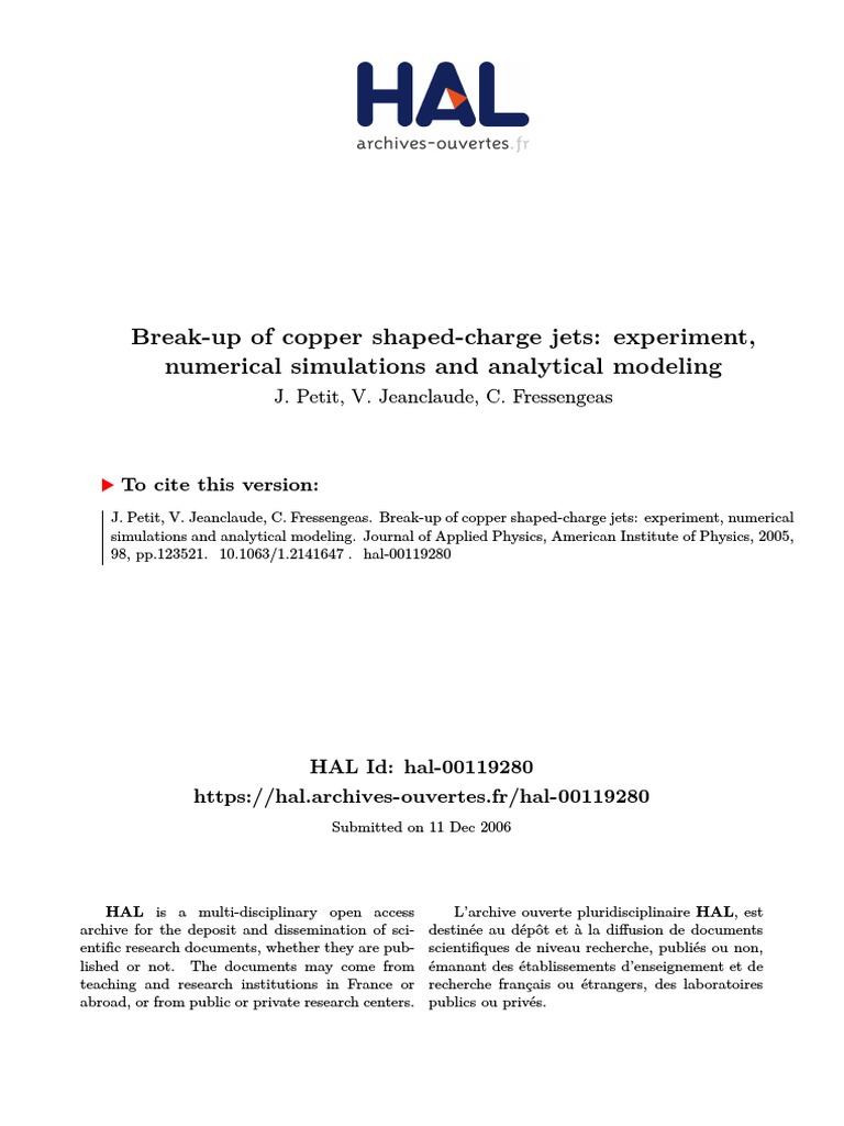 BreakUp of Copper ShapedCharge Jets Experiment, Numerical