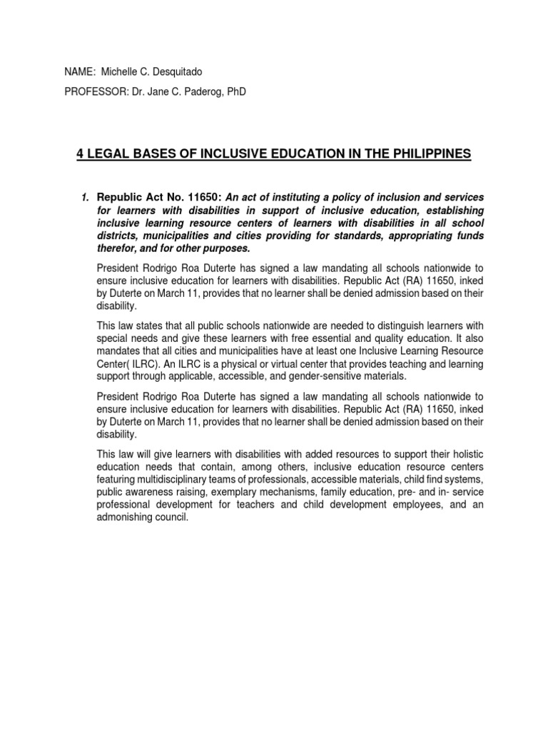 4 Legal Bases of Inclusive Education in The Philippines | PDF ...