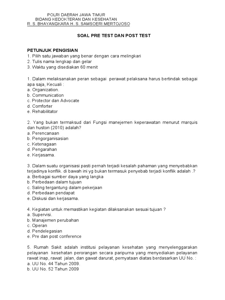 Soal Pre Test Dan Post Test Bangsal Keperawatan | PDF | Karier ...