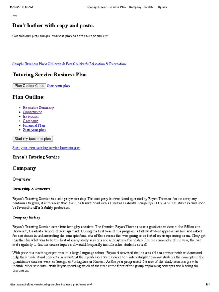 Tutoring Service Business Plan Company Template Bplans PDF