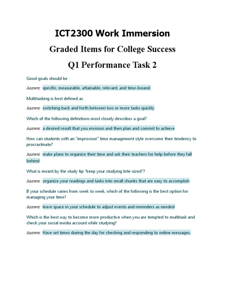 ICT2300 Work Immersion (ALL STRAND) Graded Items For College Success WEWO PDF Goal