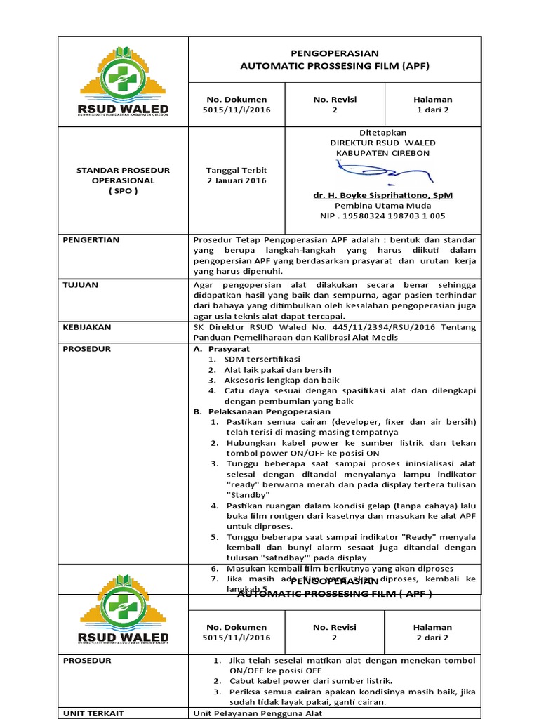 Prosedur Operasional APF di RSUD Waled | PDF