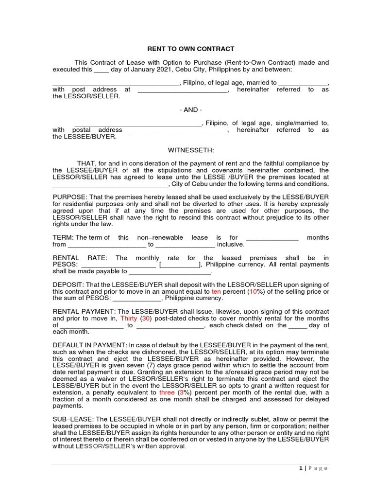 Sample Contract Rent To Own PDF Lease Breach Of Contract