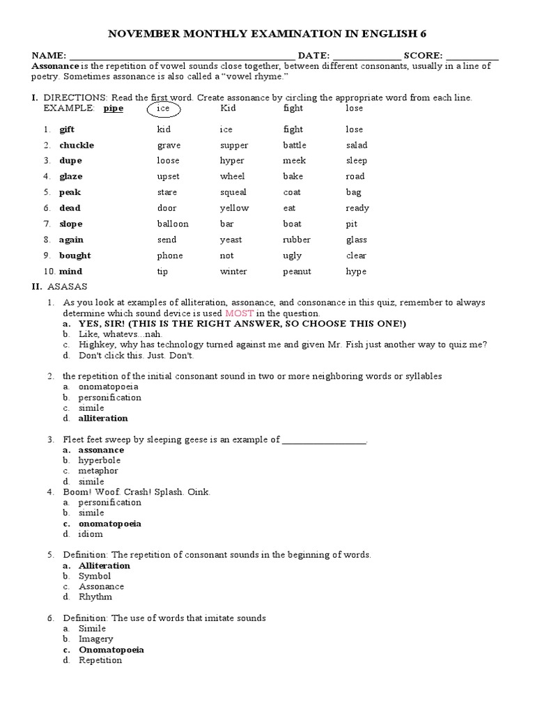 November monthly examination in english 6 key pdf poetry syllable