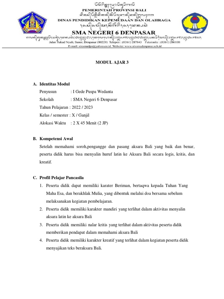 Modul Ajar Aksara Bali Kelas 3 SD | PDF | Karier & Perkembangan | Seni ...