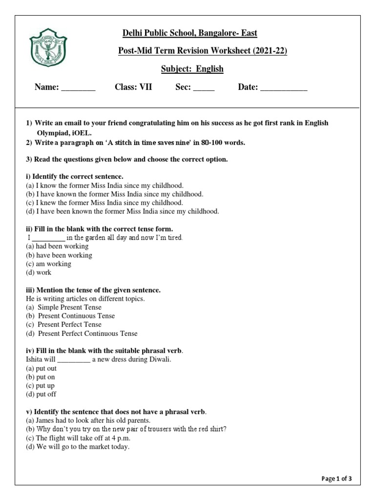 English Revision Worksheet Class VII | PDF | English Language | Linguistics