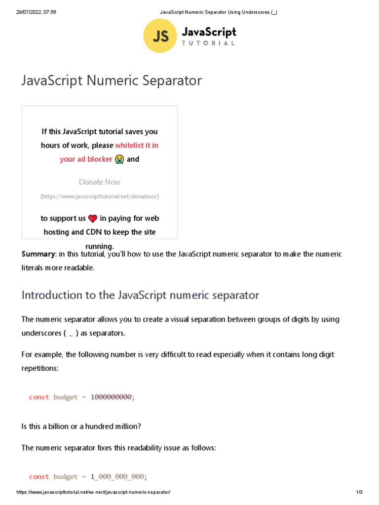 JavaScript Numeric Separator Using Underscores () PDF Theoretical Computer Science