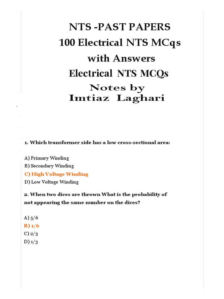 101+ Electrical Engineering NTS MCQs | PDF | Inductance | Transformer