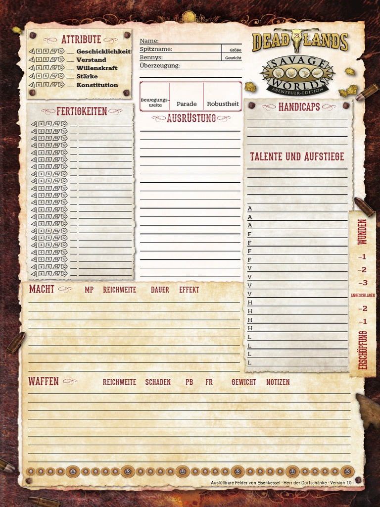 (SWAE) Deadlands (US85022) Charakterbogen Deutsch Ausfüllbar