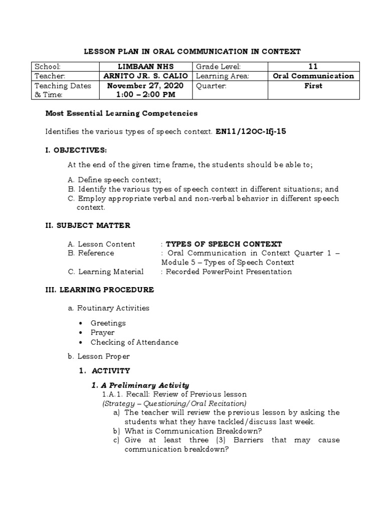 Lesson Plan: Types of Speech Context | PDF | Communication ...
