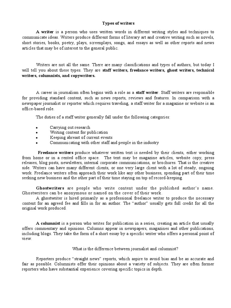 Types of Writers PDF Writers Copywriting