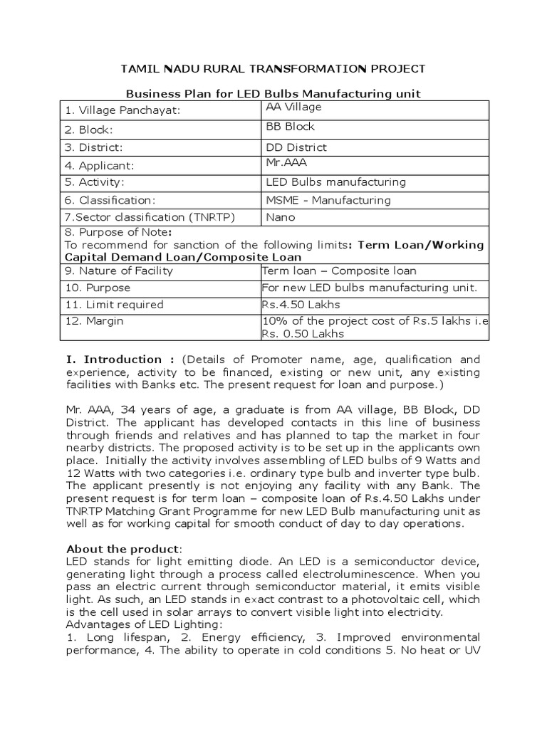 LED Bulb Manufacturing Business Gets Loan Sanction PDF Debt Light