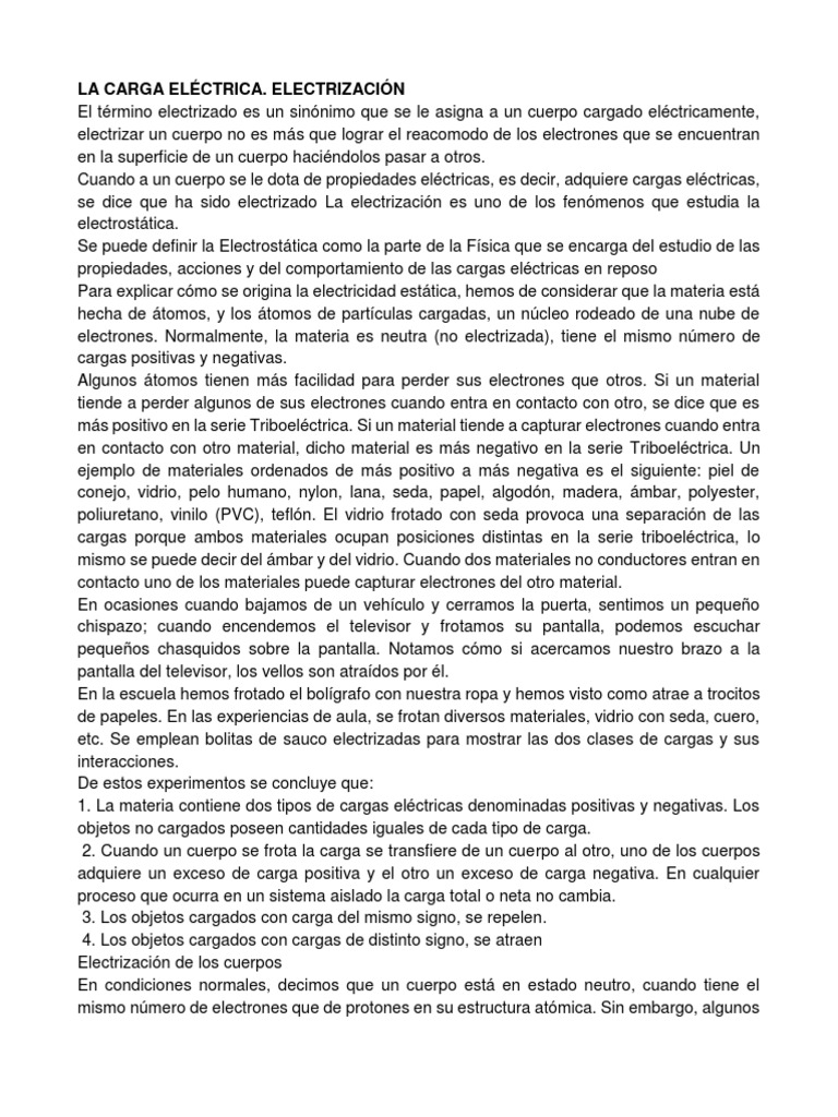 La Carga Electrica PDF Electrostática Carga eléctrica