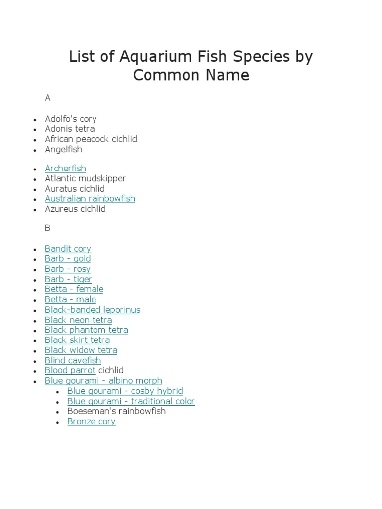 Aquarium Fish Species List | PDF | Fish | Fishkeeping