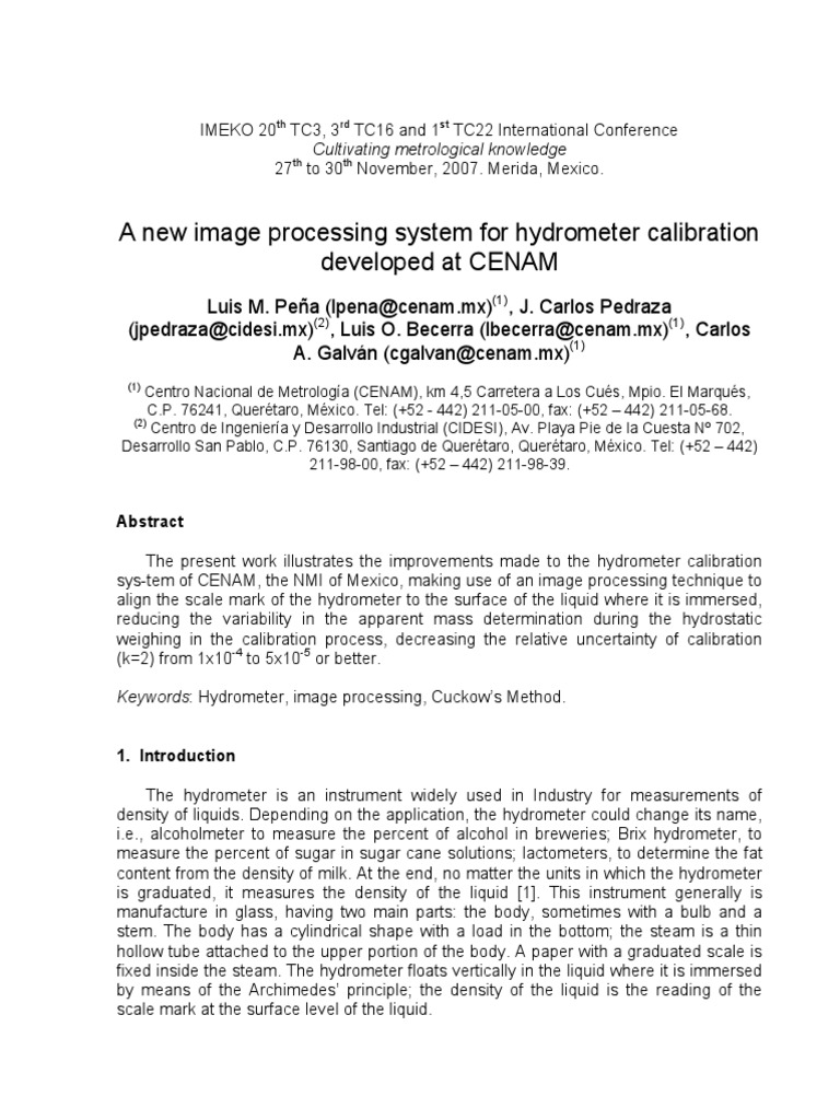 A New Image Processing System For Hydrometer Calibration Developed at