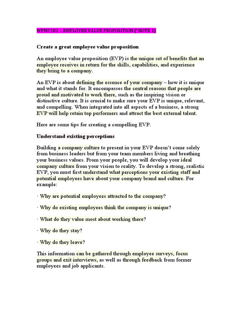 WPM7202 EMPLOYEE VALUE PROPOSITION (NOTES) - Zl40a | PDF | Recruitment ...