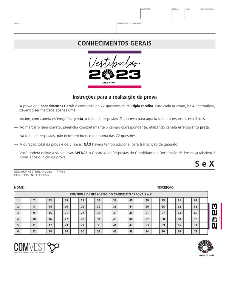 Prova UNICAMP 2023: Instruções e Questões | PDF | Cálcio | Química
